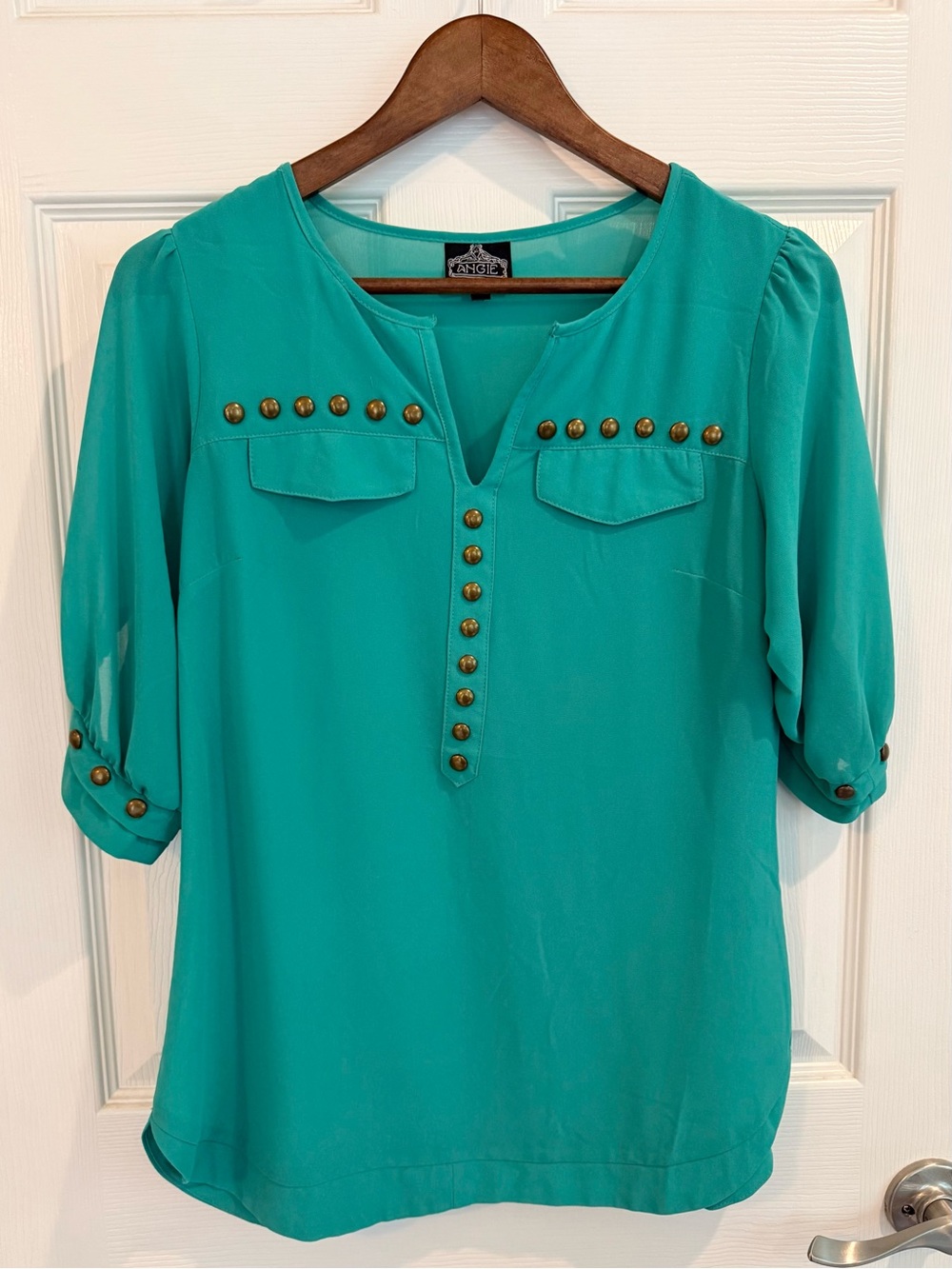 Angie Teal Blouse with Brass Stud Accents